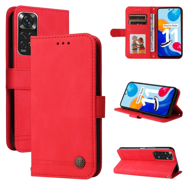 Red leather phone wallet case with card slots, camera cutout, and metal button