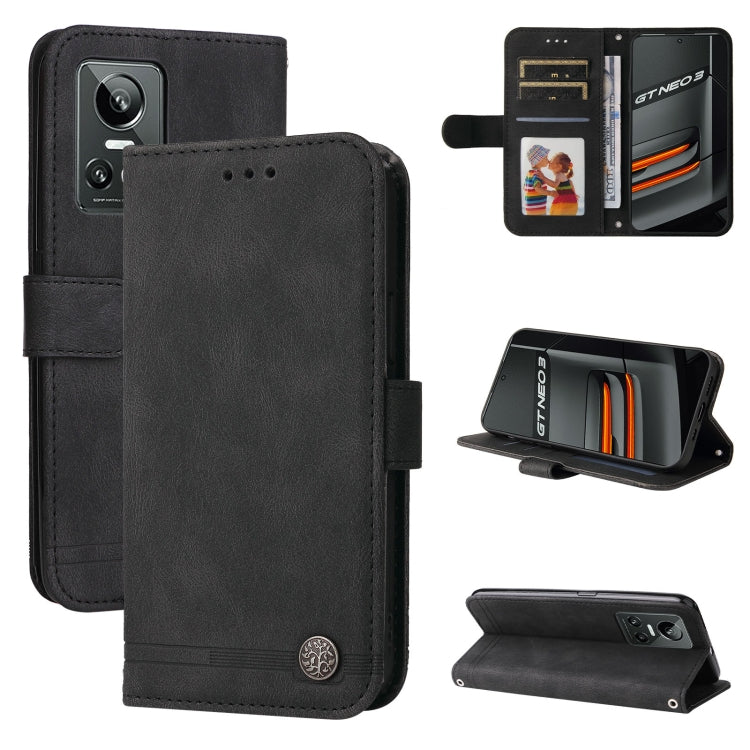 Black leather folio phone case with card slot and kickstand, showing camera cutout