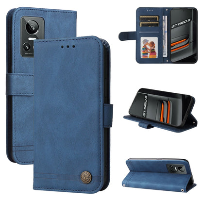 Blue leather phone wallet case with card slots, flip closure, and stand support