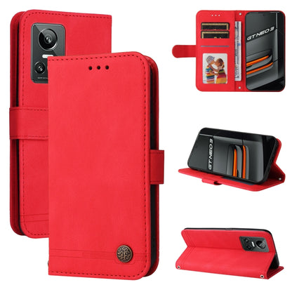 Red leather phone wallet case with card slots, metal button, and stand view