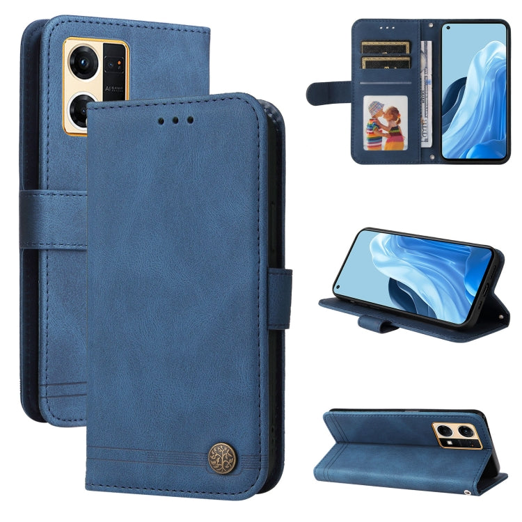 Blue leather folio phone case with card slots and metal button on the flip cover