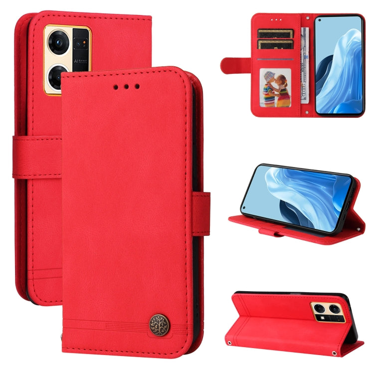 Red leather phone wallet case with card slots, metal button, and flip-cover front