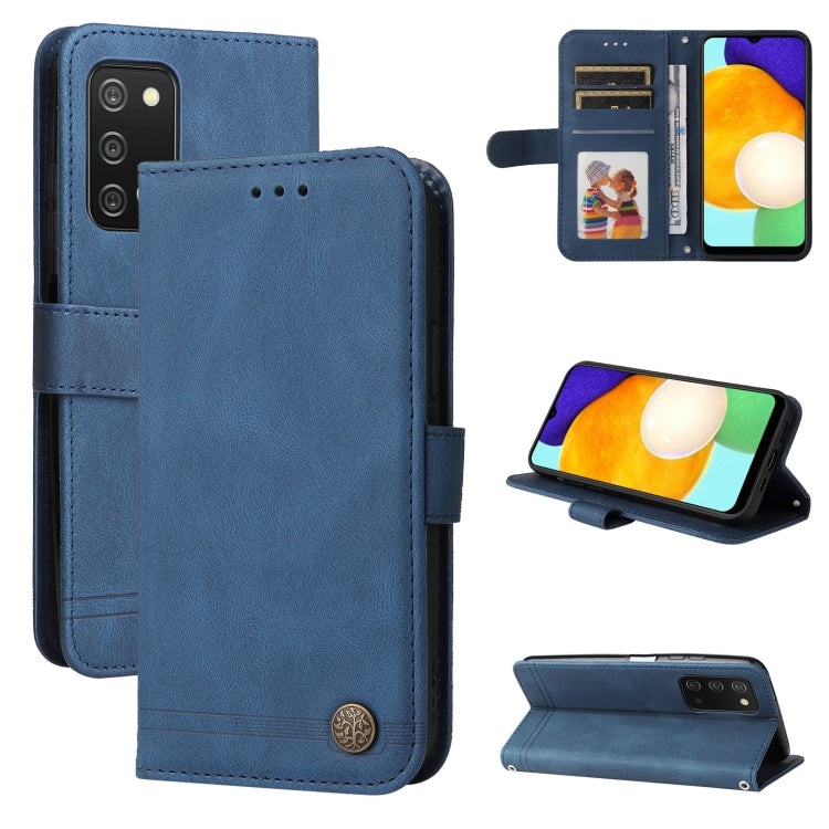 Blue leather wallet phone case with card slots, camera cutout, and kickstand