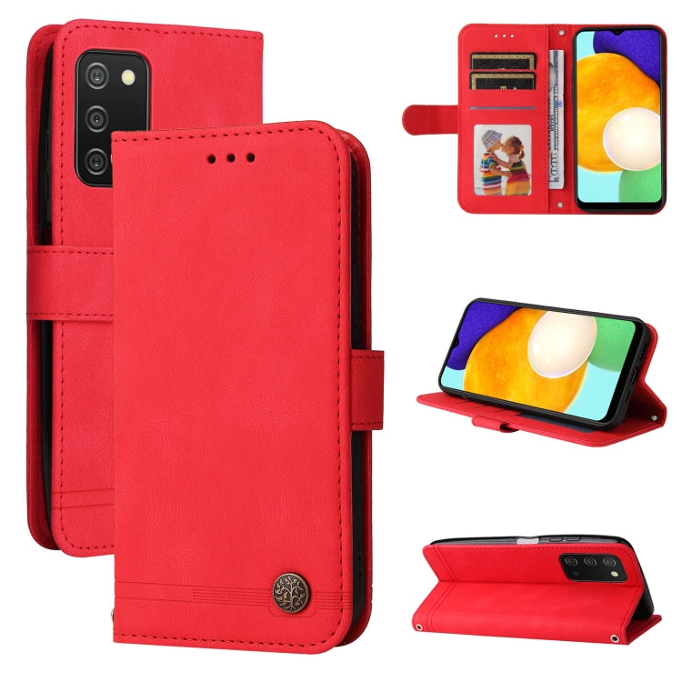 Red leather phone wallet case with card slots, metal button, and kickstand setup