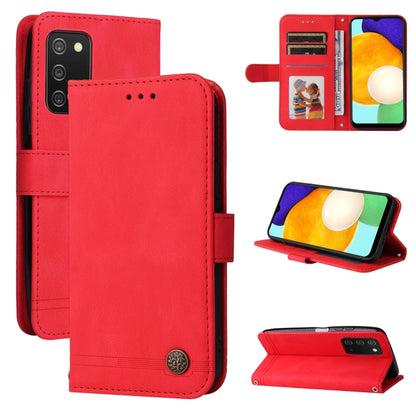 Red leather phone wallet case with card slots, metal button, and kickstand setup
