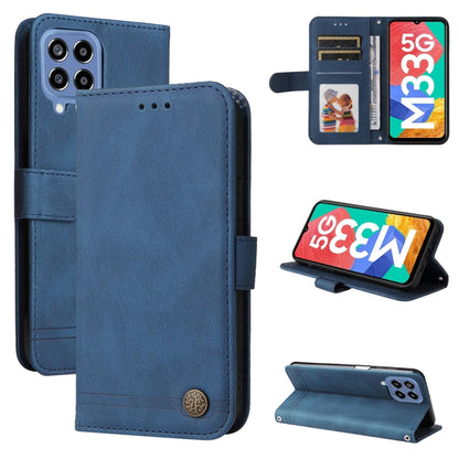 Blue leather folio phone case with card slots and metal button, stand cover
