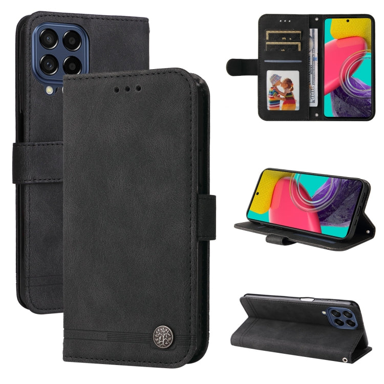 Black leather phone wallet case with card slots, flip closure, and stand support