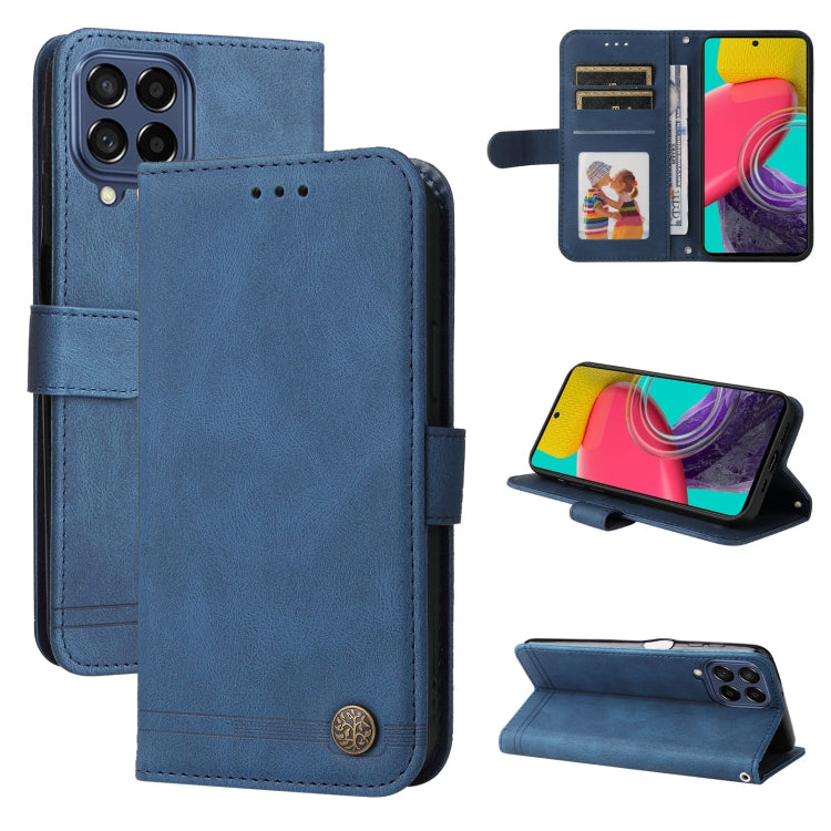 Blue leather folio phone case with card slots and metal button, kickstand