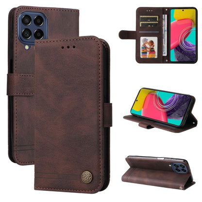 Brown leather folio phone case with card slots and metal button, front and kickstand