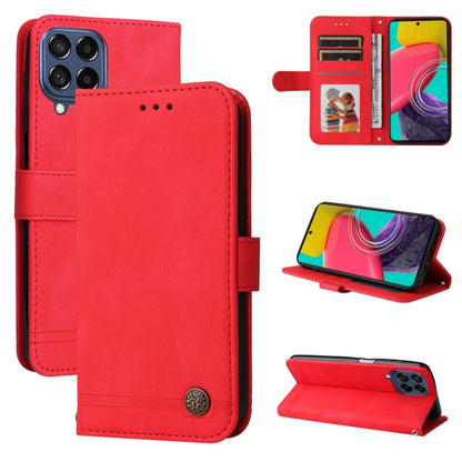 Red leather phone wallet case with card slots, metal button, and side-hinge kickstand