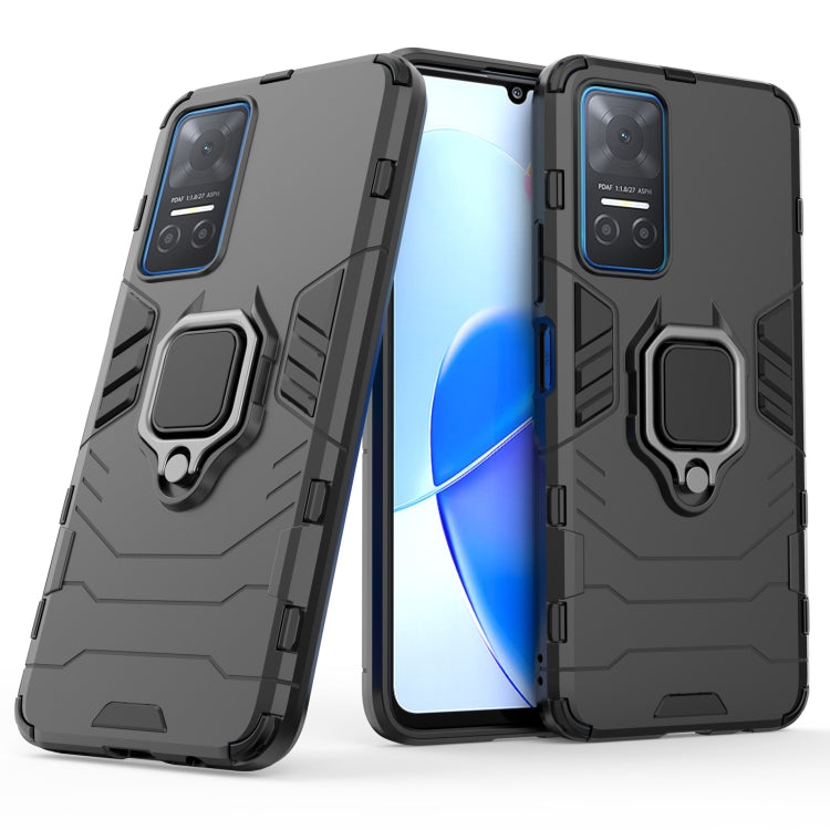 Dark rugged phone case with magnetic ring holder, shown front and back