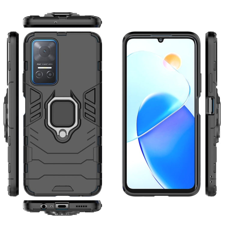 Black rugged phone case with magnetic ring holder, front and side profile views