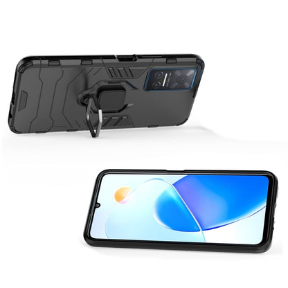 Black rugged phone case with magnetic ring holder and built-in kickstand