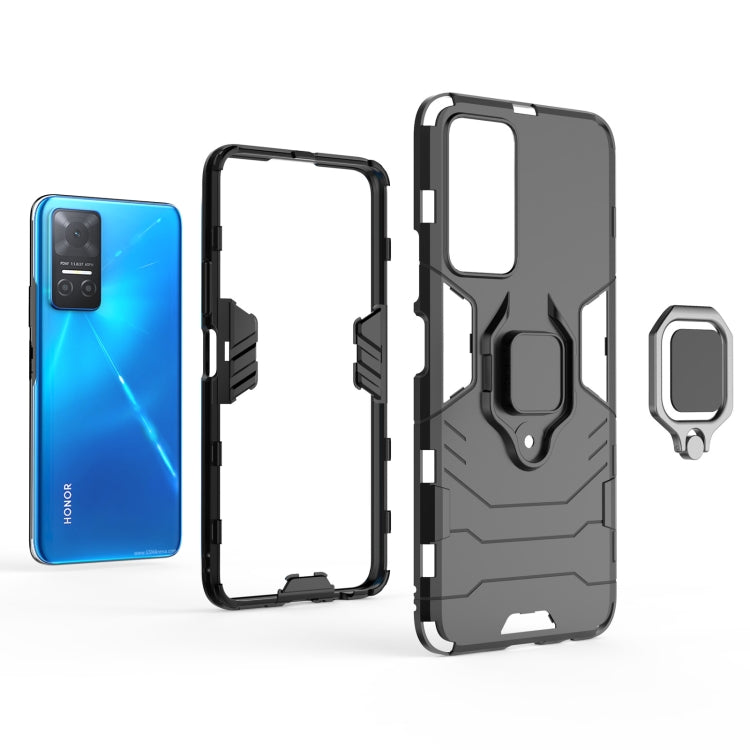 Black rugged TPU phone case with magnetic ring holder, plus separate back and frame