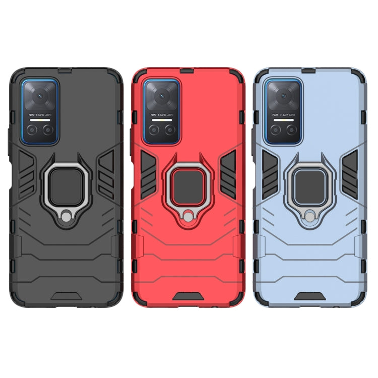 Rugged phone cases with magnetic ring holder in black, red, and light blue