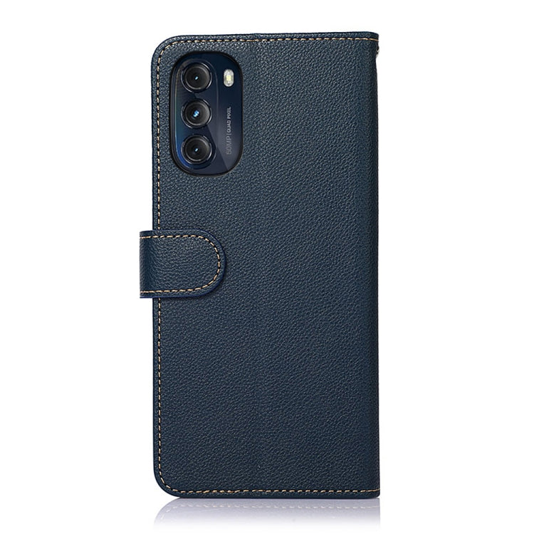 Blue litchi texture leather phone case with cutout and stitched flap detail