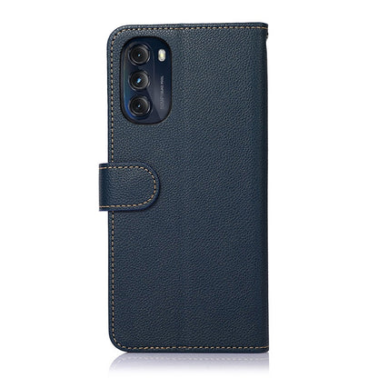 Blue litchi texture leather phone case with cutout and stitched flap detail