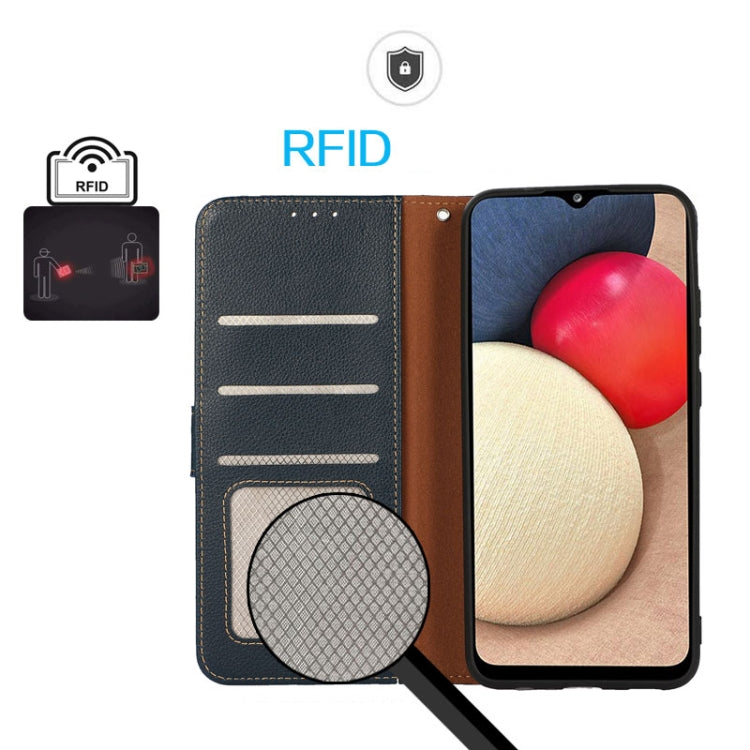 Blue and brown litchi texture leather RFID phone case with inner card slots