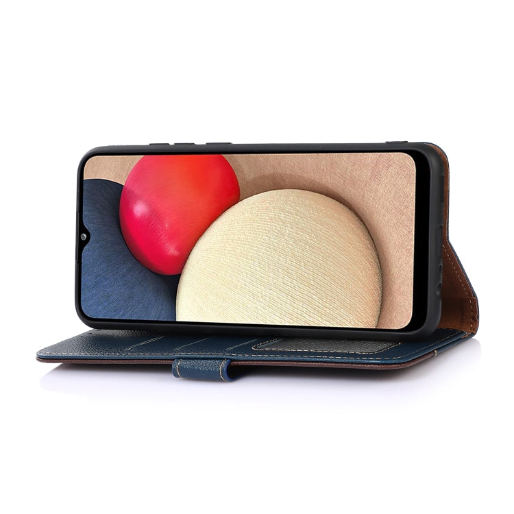 Blue and brown litchi texture leather RFID phone case with magnetic flip and card pocket