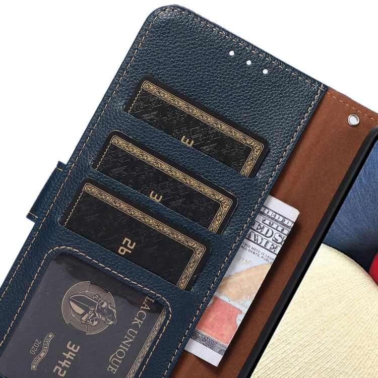 Blue and brown litchi texture leather RFID phone case interior with multi card slots