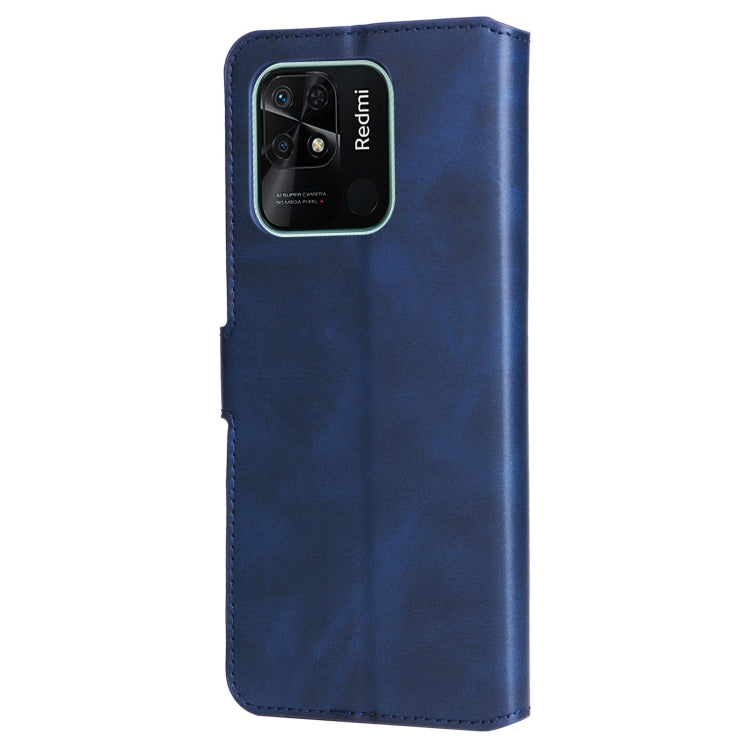 Blue textured calf flip leather phone case with back camera cutout and stitching