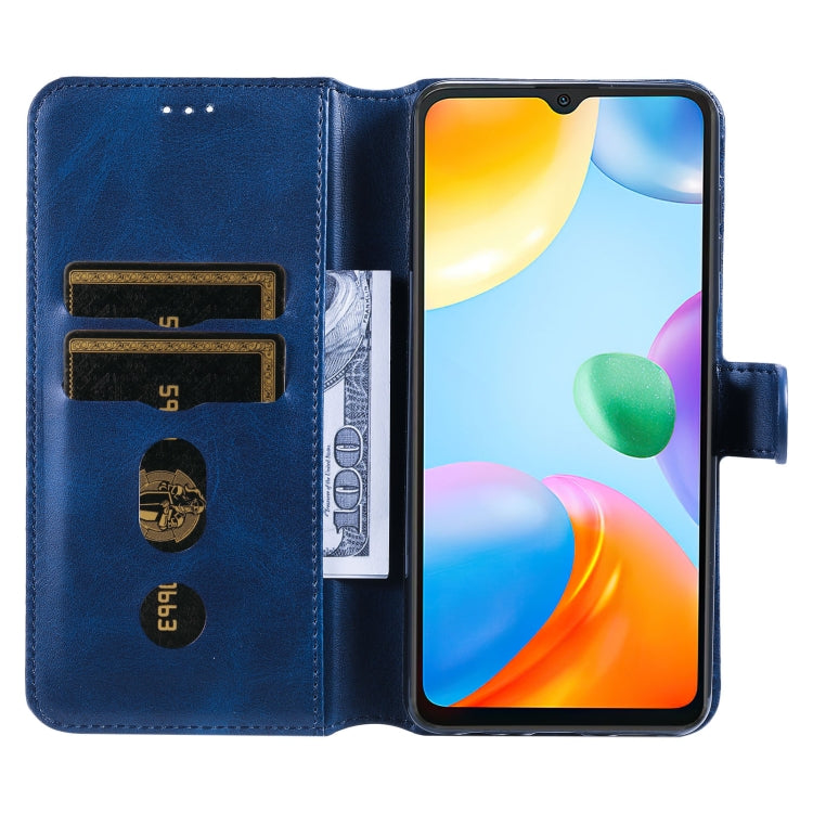 Blue flip leather phone case with card holders, window cutout, and clasp closure