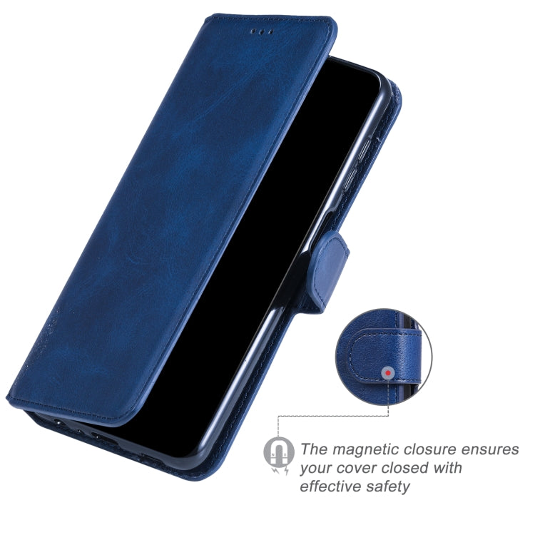 Blue flip leather phone case with closure tab and side camera opening