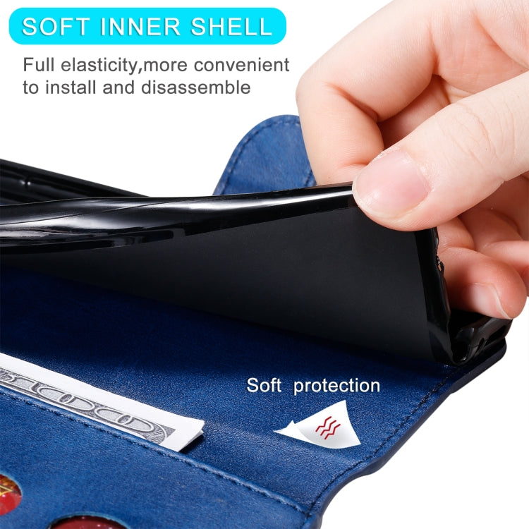 Blue flip leather phone case with soft inner shell and protective side flap