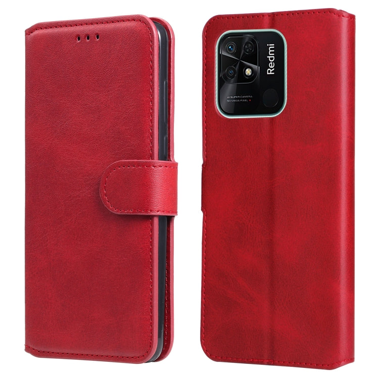 Red flip leather phone case with front cover and side strap, camera cutout on back.
