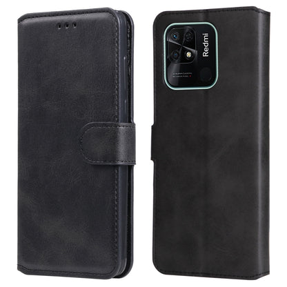 Black calf-texture leather flip phone case with side strap and stitched border.