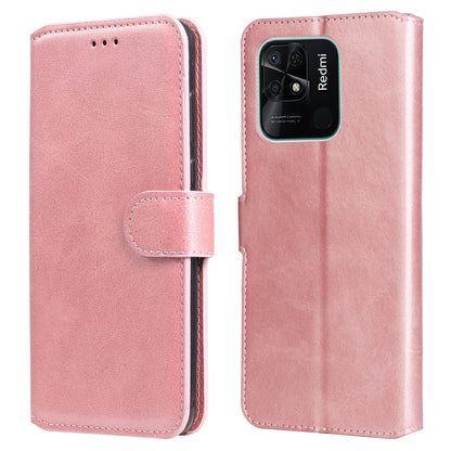 Rose pink leather flip phone case with textured finish, front card pocket, and side strap