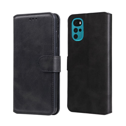 Black leather flip phone case with side strap and camera cutout on back.