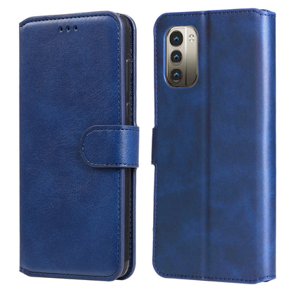 Blue textured calf flip leather phone case with clasp and rear camera cutout