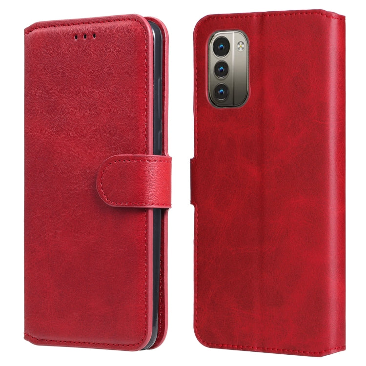 Red flip leather phone case showing camera cutout and front cover with side strap.