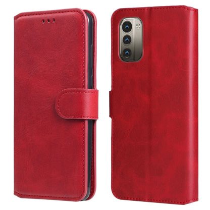 Red flip leather phone case showing camera cutout and front cover with side strap.