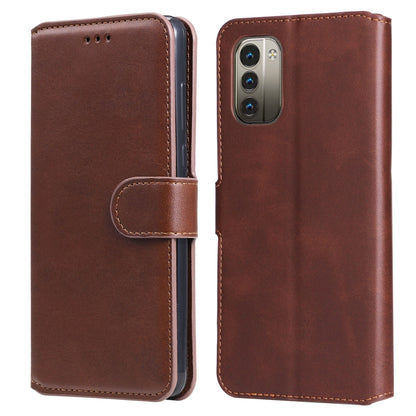 Brown calf-texture leather flip phone case with side strap and front camera window.