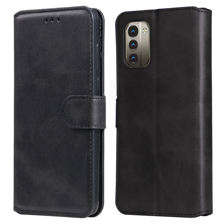 Black calf-texture leather flip phone case with side strap and camera module opening.
