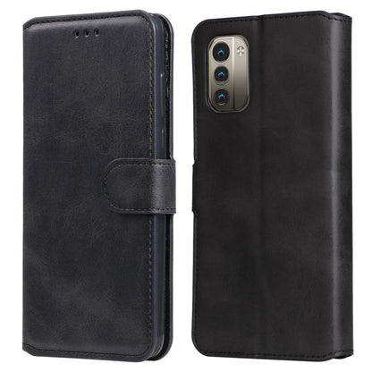 Black calf-texture leather flip phone case with side strap and camera module opening.