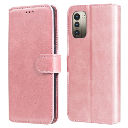 Rose pink leather flip phone case with textured finish and vertical rear camera cutout