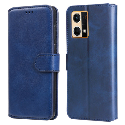 Blue textured calf flip leather phone case with clasp and dual-camera cutout