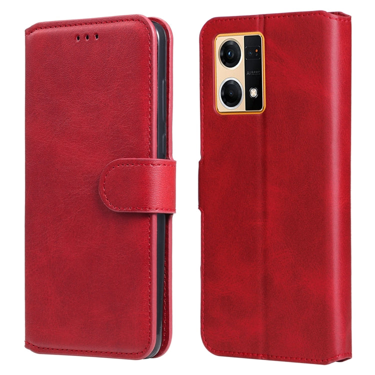Red flip leather phone case with front cover and side strap, back camera panel visible.