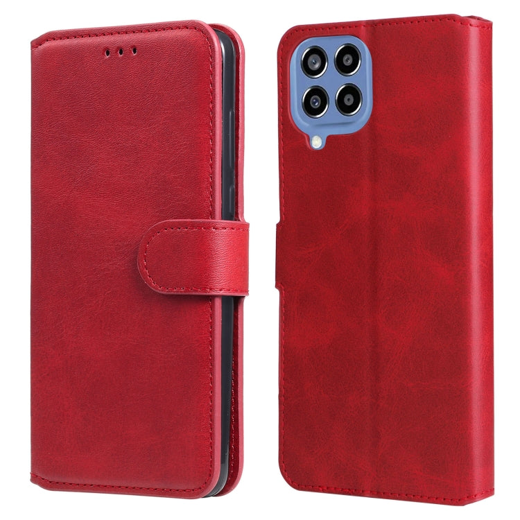 Red flip leather phone case showing side strap and back camera cutout.