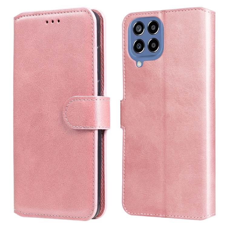 Rose pink leather flip phone case with textured finish and quad rear camera cutout