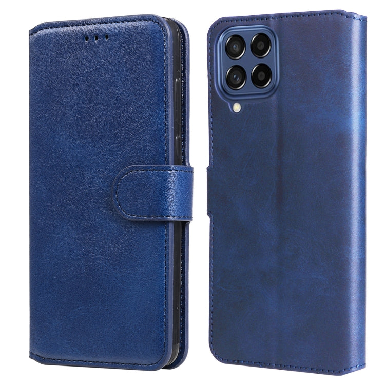 Blue flip leather phone case, front cover with side strap, back view with camera area.