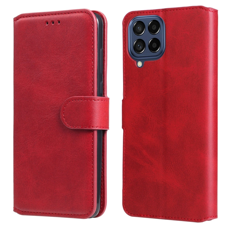 Red flip leather phone case with front cover and side strap, back camera cutout view.