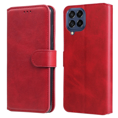 Red flip leather phone case with front cover and side strap, back camera cutout view.