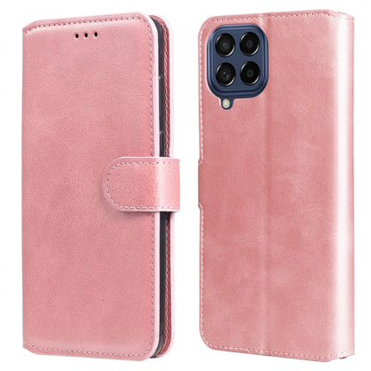 Rose pink leather flip phone case with textured finish and quad rear camera cutout