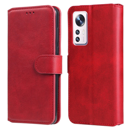 Red flip leather phone case with front cover and side strap, back camera cutout visible.