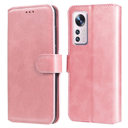 Rose leather flip phone case with textured finish, magnetic clasp, and camera cutout