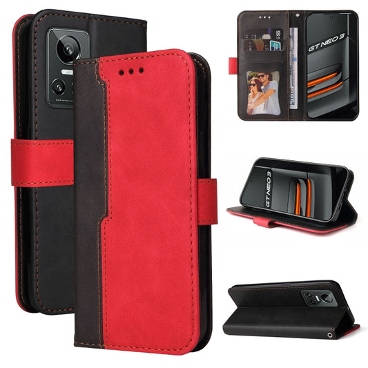 Red and black horizontal flip leather phone case with card slots and stitched trim